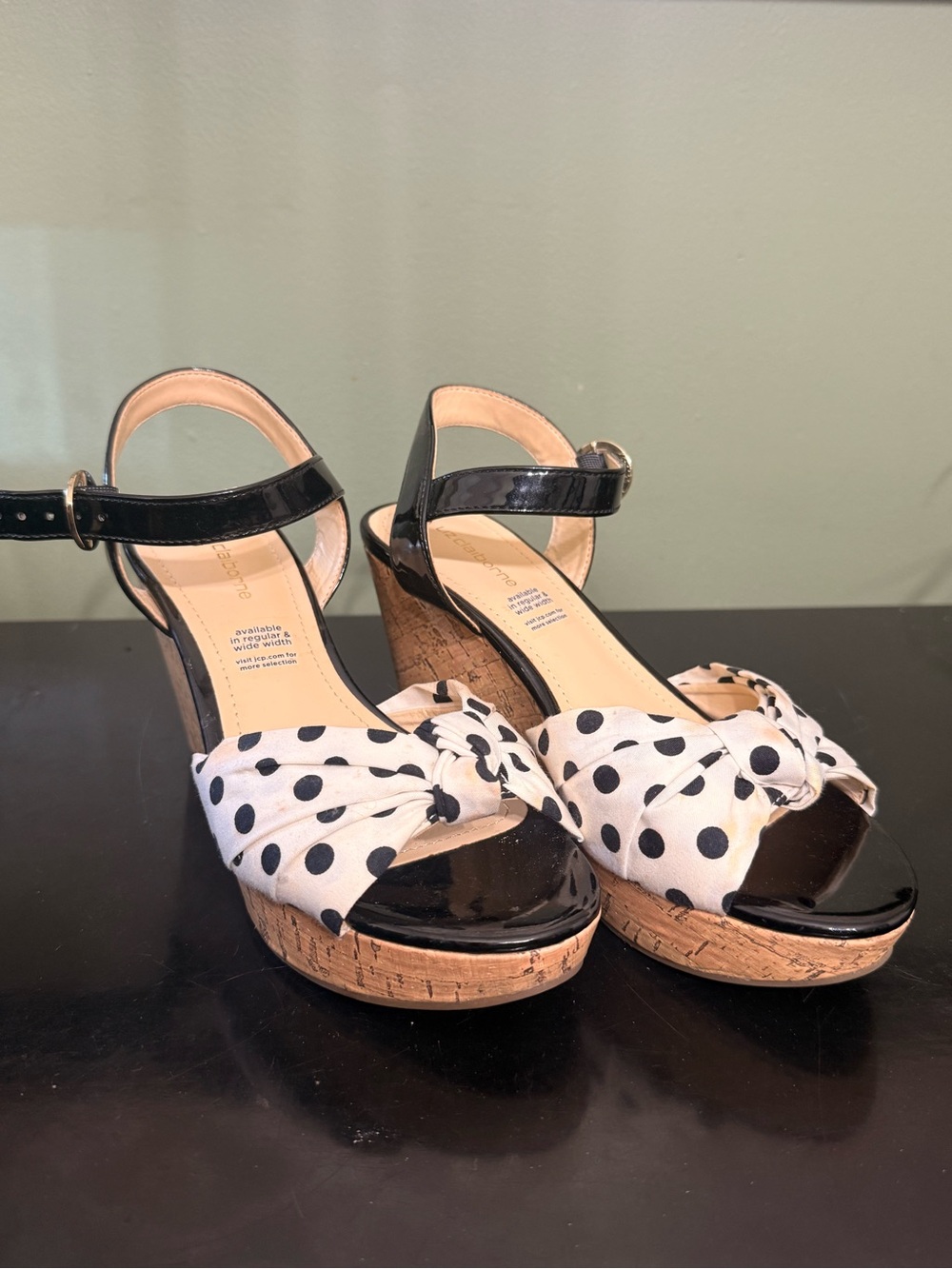 Black Patent Cork Wedge Sandals with White Polka Dot Bow